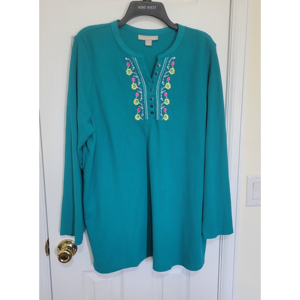 Woman Within Teal Floral‎ Embroidered Waffle Knit Henley Tunic Top 1X 22/24